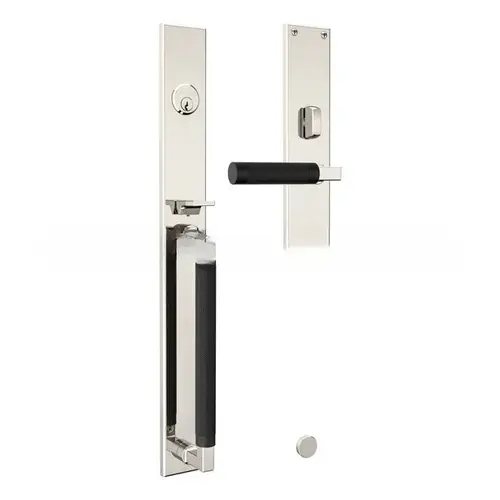 Gramercy Knurled Right Hand Single Cylinder Entry Mortise Lock Trim with Satin Black Handle Pull On The Lifetime Bright Nickel Finish