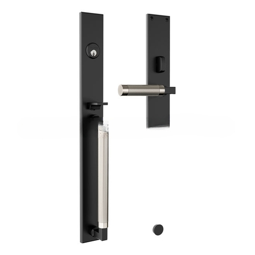 Gramercy Knurled Right Hand Single Cylinder Entry Mortise Lock Trim with Lifetime Bright Nickel Handle Pull On The Satin Black Finish