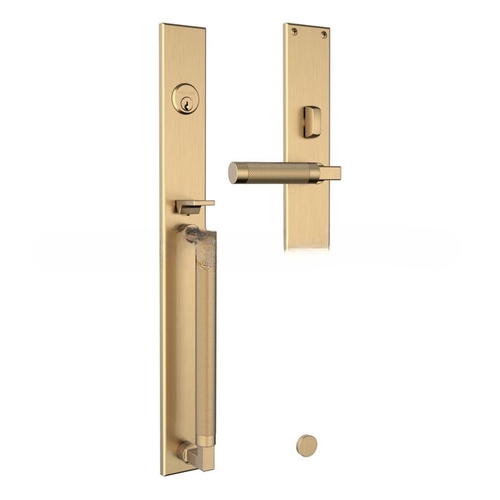 Gramercy Knurled Right Hand Single Cylinder Entry Mortise Lock Trim Satin Brass and Brown Finish