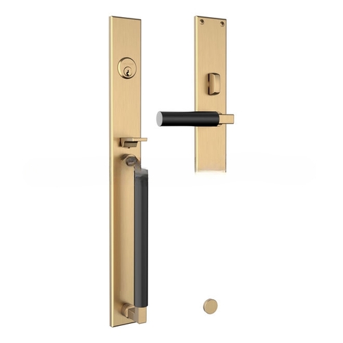 Gramercy Right Hand Single Cylinder Entry Mortise Lock Trim with Satin Black Handle Pull On The Lifetime Satin Brass Finish