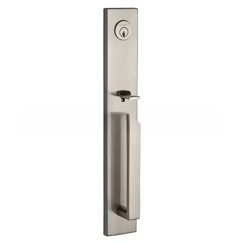 Emergency Egress Santa Cruz Handleset with Tube Lever and Contemporary Square Escutcheon with 6AL Latch and Dual Strike Satin Nickel Finish