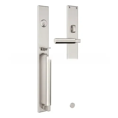 Gramercy Right Hand Single Cylinder Entry Mortise Lock Trim with Lifetime Bright Nickel Handle Pull On The Lifetime Satin Nickel Finish