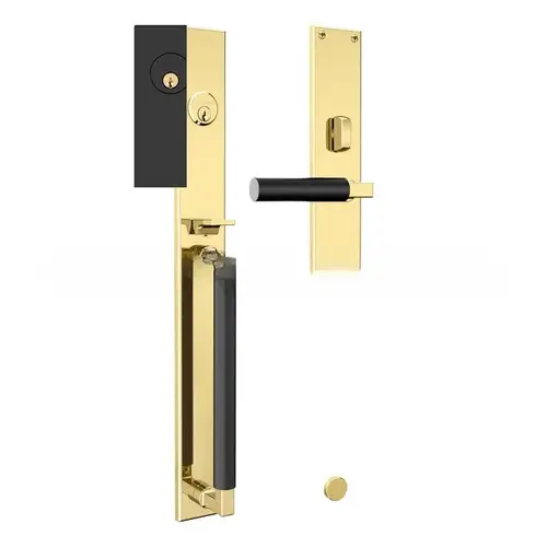 Gramercy Right Hand Single Cylinder Entry Mortise Lock Trim with Satin Black Handle Pull On The Unlacquered Brass Finish