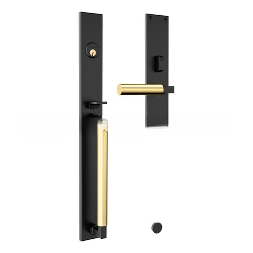 Gramercy Right Hand Single Cylinder Entry Mortise Lock Trim with Unlacquered Brass Handle Pull On The Satin Black Finish