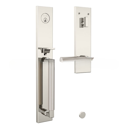 Gramercy Full Escutcheon Tubular Right Hand Single Cylinder Handleset with Lifetime Satin Nickel Handle Pull and Lever Grip On The Lifetime Bright Nickel Finish