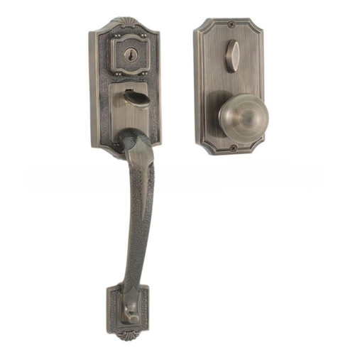Colonial Panic Proof Entry Handleset with Impresa Knob Trim Antique Brass Finish