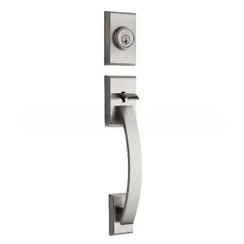 Tavaris Single Cylinder Exterior Handleset SmartKey with 6AL Latch and STRKP Strike Pack which includes Square Corner, Round Corner and 5303 Round Corner Full Lip Strikes Satin Nickel Finish