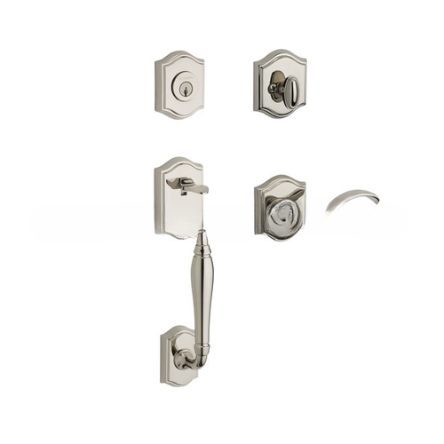 Single Cylinder Westcliff Handleset Right Hand Curve Lever and Traditional Arch Rose with 6AL Latch and Dual Strike Lifetime Bright Nickel Finish