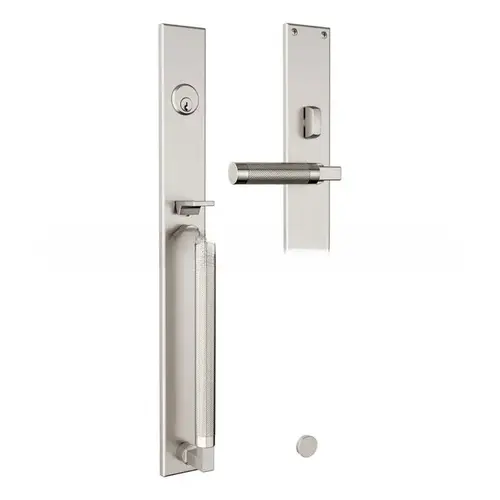 Gramercy Knurled Right Hand Single Cylinder Entry Mortise Lock Trim with Lifetime Bright Nickel Handle Pull On The Lifetime Satin Nickel Finish