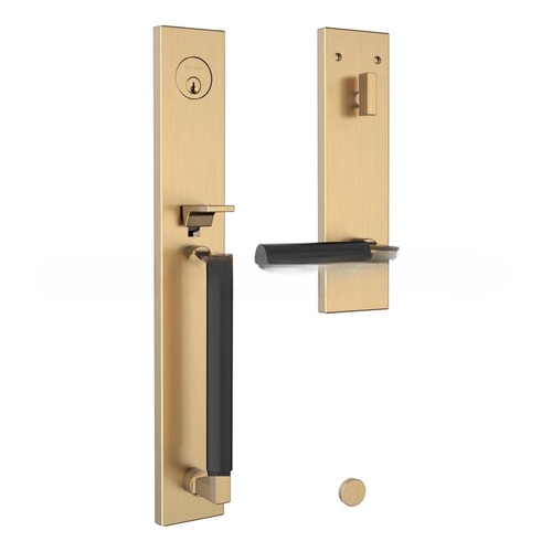 Gramercy Full Escutcheon Tubular Right Hand Single Cylinder Handleset with Satin Black Handle Pull and Lever Grip On The Lifetime Satin Brass Finish