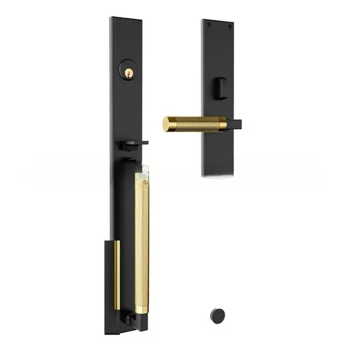 Gramercy Knurled Right Hand Single Cylinder Entry Mortise Lock Trim with Unlacquered Brass Handle Pull On The Satin Black Finish