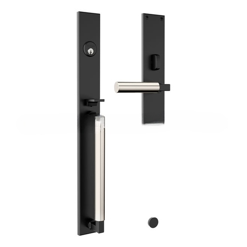 Gramercy Right Hand Single Cylinder Entry Mortise Lock Trim with Lifetime Bright Nickel Handle Pull On The Satin Black Finish