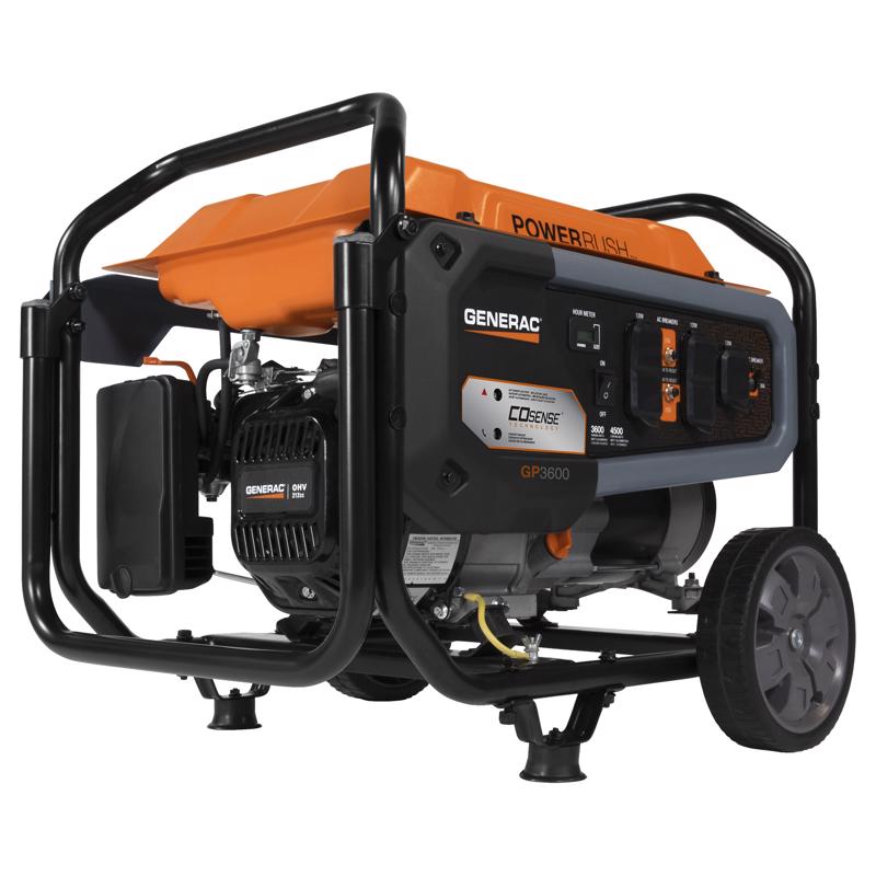 GENERAC POWER SYSTEMS, INC. 7722 GP Series 7677 Portable Generator, 30 A, 120 V, Oil, 3.7 gal Tank, 10.5 hr Run Time, Recoil Start Black/Orange