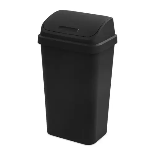 Wastebasket, 13 gal Capacity, Plastic, Black, Swing-Top Lid Closure