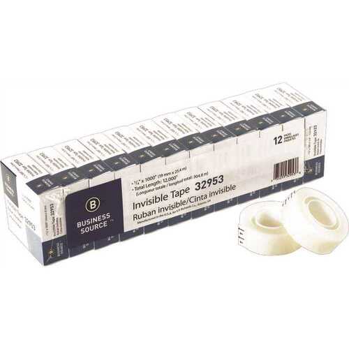 Business Source BSN32953 1 in. Core, 3/4 in. x 1000 in. Invisible Tape, Clear Pack of 12