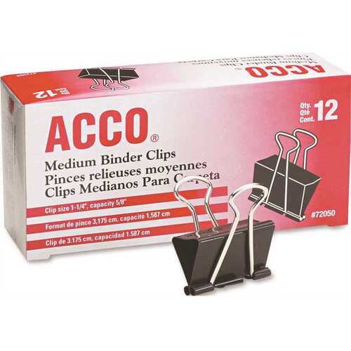 Acco A7072050 1-1/4 in. W Steel Wire Medium Binder Clip 5/8 in. Capacity, Black/Silver