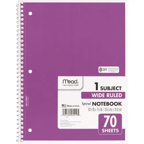 Notebook 8" W X 10-1/2" L Wide Ruled Spiral Assorted