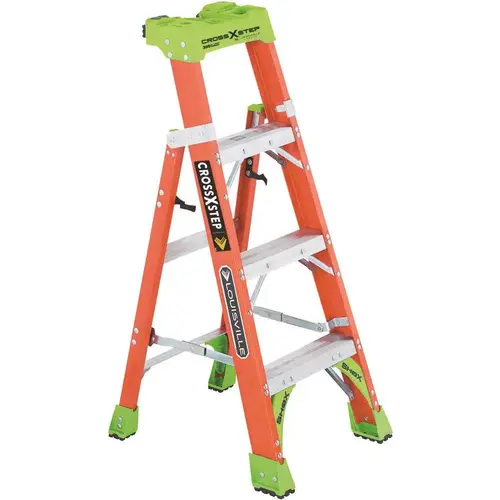 Cross Step Ladder, 102 in Max Reach H, 4-Step, 300 lb, Type IA Duty Rating, 3 in D Step, Fiberglass