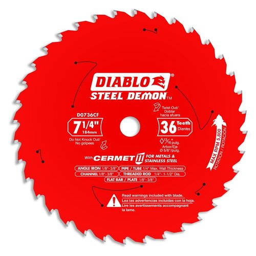 Diablo D0736CF Steel Demon Saw Blade, 7-1/4 in Dia, 5/8 in Arbor, 36-Teeth, Cermet II Cutting Edge