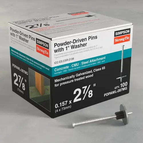 PDPAWL Powder Driven Pin with 1 in Washer, 0.157 in Dia Shank, 2-7/8 in L Mechanically Galvanized - pack of 100