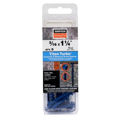 Titen Turbo Screw Anchor, 3/16 in Dia, 1-1/4 in L, Carbon Steel, Ceramic-Coated/Zinc Standard Blue - pack of 8