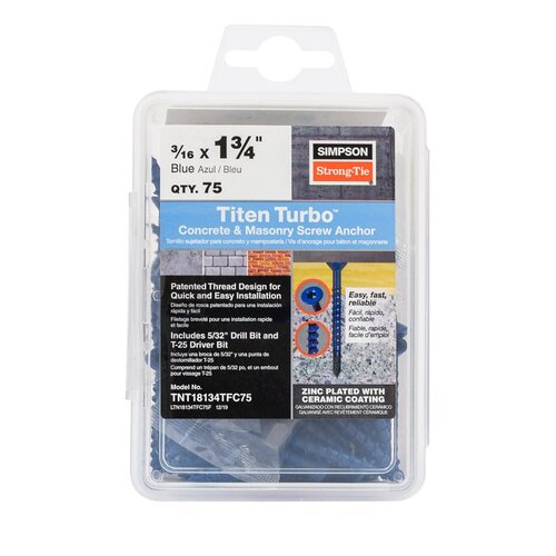 Titen Turbo Screw Anchor, 3/16 in Dia, 1-3/4 in L, Carbon Steel Standard Blue - pack of 75