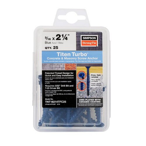 Titen Turbo Screw Anchor, 3/16 in Dia, 2-1/4 in L, Carbon Steel Standard Blue - pack of 25