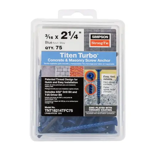 Titen Turbo Screw Anchor, 3/16 in Dia, 2-1/4 in L, Carbon Steel Standard Blue - pack of 75