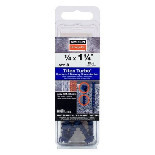 Titen Turbo Screw Anchor, 1/4 in Dia, 1-1/4 in L, Carbon Steel, Zinc Plated Standard Blue - pack of 8