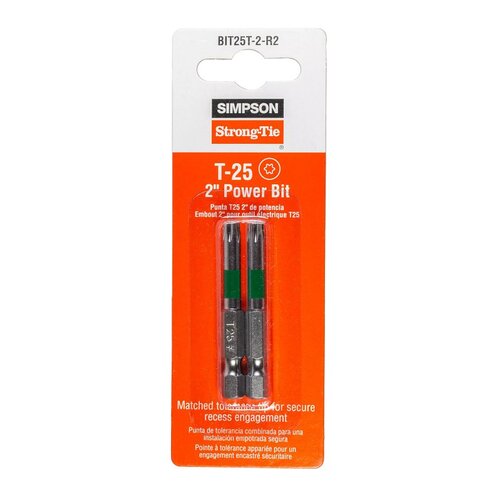 Simpson Strong-Tie BIT25T-2-R2 Driver Bit, T25 Drive, 6-Lobe Drive, 1/4 in Shank, Hex Shank, 2 in L, Steel Green - pack of 2