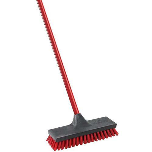 Floor Scrub Brush 10" W Hard Bristle 48" Steel Handle Black/Red