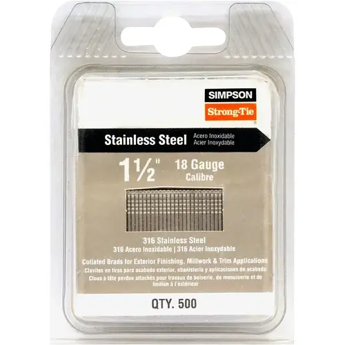 Collation Nail, 1-1/2 in L, 18 ga Gauge, Stainless Steel, Smooth, T-Style Head Coated - pack of 500