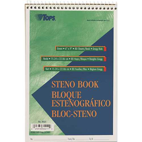 TOPS BUSINESS FORMS 10149184 GREGG STENO BOOKS, 6 X 9, GREEN TINT, 80-SHEET PAD