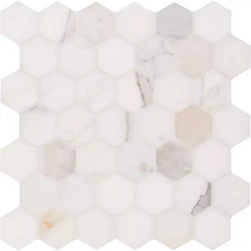 Calacatta Gold Hexagon 12 in. x 12 in. x 10mm Polished Marble Mesh-Mounted Mosaic Tile White