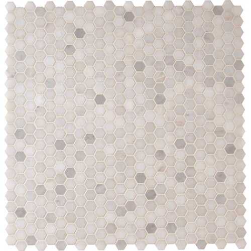 Greecian White Mini Hexagon 12 in. x 12 in. x 10 mm Polished Marble Mesh-Mounted Mosaic Tile (10 sq. ft./Case) - pack of 10