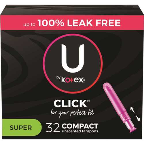 U by Kotex 51584 Click Compact Tampons, Super, Unscented, , 32ct Boxes