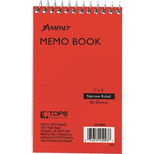 Ampad TOP25093 3 in. x 5 in. Wirebound Pocket Memo Book Narrow Rule, White (50 Sheets per Pad)
