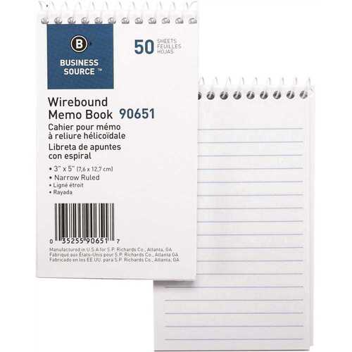 Business Source BSN90651 3 in. x 5 in. Wirebound End Opening Wire Memo Book, White (50-Sheets)