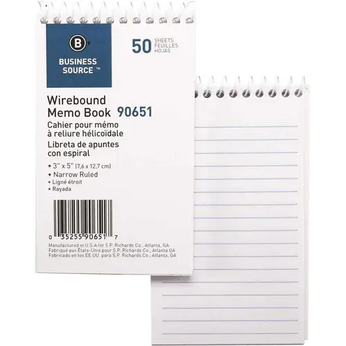 Business Source BSN90651 3 in. x 5 in. Wirebound End Opening Wire Memo Book, White (50-Sheets)