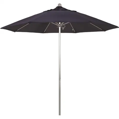 9 ft. Silver Aluminum Commercial Market Patio Umbrella with Fiberglass Ribs and Push Lift in Navy Blue Sunbrella