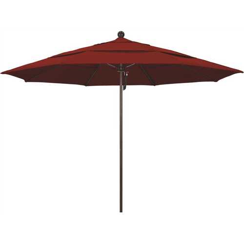 11 ft. Bronze Aluminum Commercial Market Patio Umbrella with Fiberglass Ribs and Pulley Lift in Jockey Red Sunbrella