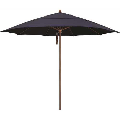 11 ft. Woodgrain Aluminum Commercial Market Patio Umbrella Fiberglass Ribs and Pulley Lift in Navy Sunbrella