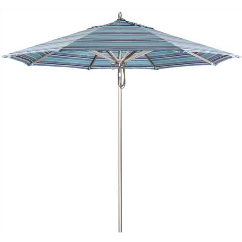 California Umbrella 194061507452 9 ft. Silver Aluminum Commercial Market Patio Umbrella with Pulley Lift in Dolce Oasis Sunbrella