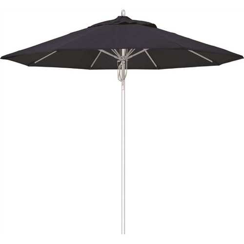 9 ft. Silver Aluminum Commercial Fiberglass Ribs Market Patio Umbrella and Pulley Lift in Navy Sunbrella