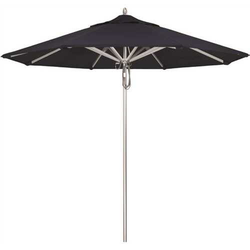 9 ft. Silver Aluminum Commercial Market Patio Umbrella with Pulley Lift in Navy Sunbrella