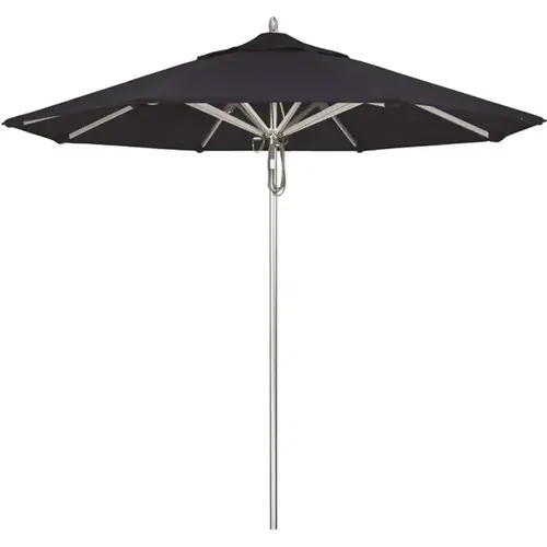 9 ft. Silver Aluminum Commercial Market Patio Umbrella with Pulley Lift in Navy Sunbrella