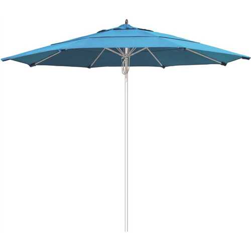 11 ft. Silver Aluminum Commercial Market Patio Umbrella Fiberglass Ribs and Pulley lift in Canvas Cyan Sunbrella