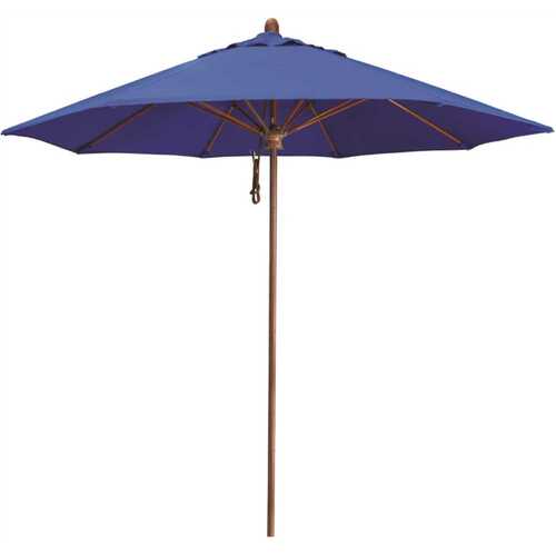 9 ft. Woodgrain Aluminum Commercial Market Patio Umbrella Fiberglass Ribs and Pulley Lift in Pacific Blue Sunbrella