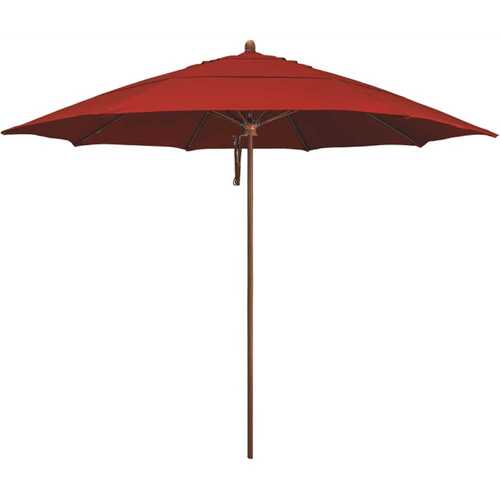 California Umbrella 194061509265 11 ft. Woodgrain Aluminum Commercial Market Patio Umbrella Fiberglass Ribs and Pulley Lift in Jockey Red Sunbrella