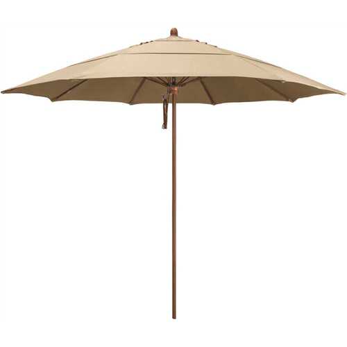11 ft. Woodgrain Aluminum Commercial Market Patio Umbrella Fiberglass Ribs and Pulley Lift in Antique Beige Sunbrella